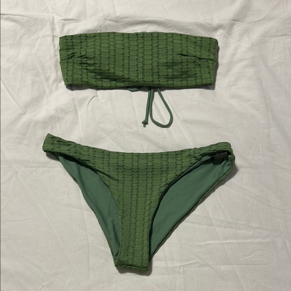 NEVER WORN Cider Green Ribbed Bandeau Bikini Set with Drawstring
